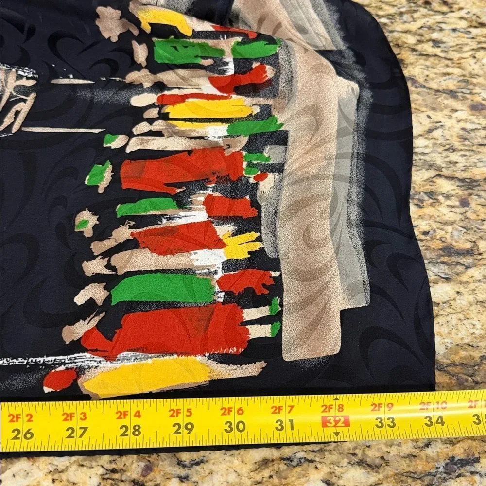 Opera House Print Hand Rolled Silk Square Scarf Black Multicolor 34”